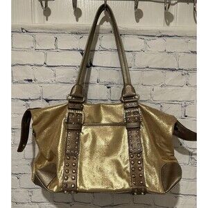 VTG Y2K Kathy Van Zeeland Gold w Rhinestones buckle Slouchy Large bag Carry On